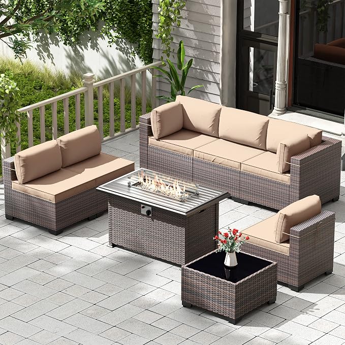 Kullavik 8 Pieces Outdoor Patio Furniture Set with 43" 55000BTU Gas Propane Fire Pit Table PE Wicker Rattan Sectional Sofa Patio Conversation Sets,Khaki