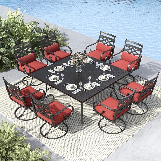 MFSTUDIO 9-Piece Patio Dining Set, 57.5" Square Metal Table, Swivel Chairs | Umbrella Hole, Red