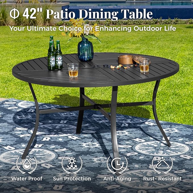 MIXPATIO 5 Pieces Outdoor Patio Dining Set, Wicker Patio Table and Chairs Set of 4, Swivel Wicker Chairs with 3.2" Cushion and 42" Round Table with Umbrella Hole for Yard, Porch, Beige