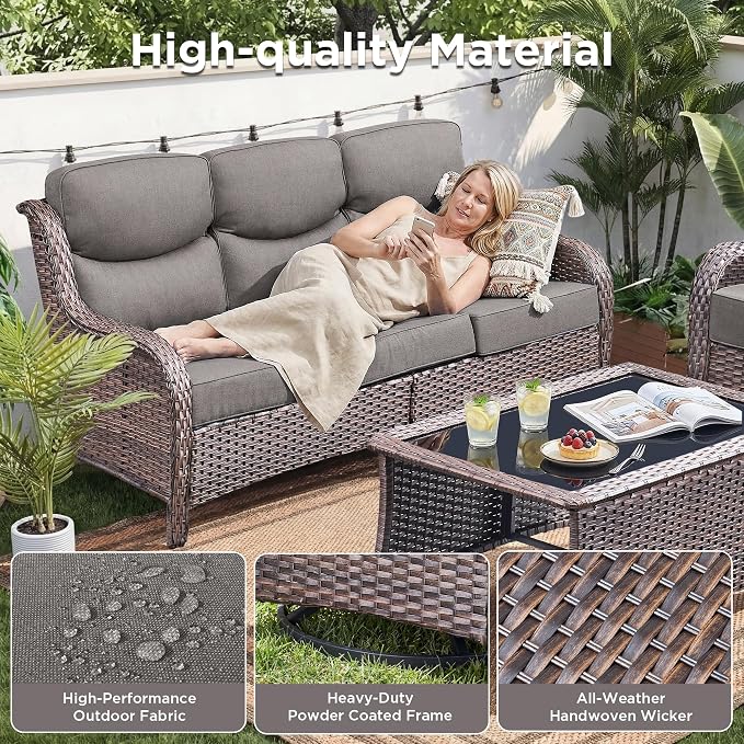 Luxury 7 Pieces Outdoor Patio Furniture Set-All Weather Wicker Outdoor Furniture with Swivel Rocker Patio Chairs 6-inch Extra Thick Cushions Wicker Conversation Set for Garden Porch(Brown/Grey)