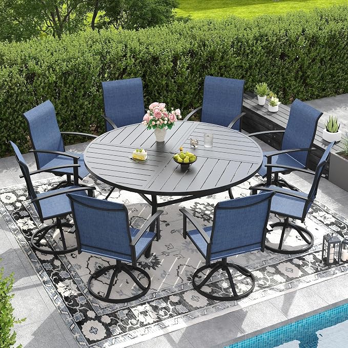 DIFY 9 Pieces Outdoor Dining Set, Metal Patio Table and Chairs Set for 8 with Umbrella Hole, 59.8" Black Round Table and Blue Textilene Swivel Patio Chairs for Garden, Backyard, Poolside