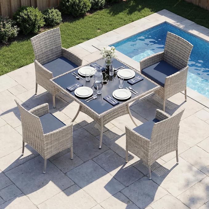 5-Piece Patio Dining Set, Patio Furniture Set with Square Tempered Glass Table & 4 Wicker Chairs, Expandable Design for Larger Groups, Outdoor Furniture for Backyard, Deck, Garden, Navy Blue