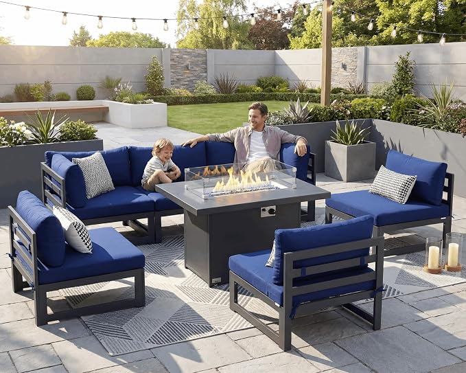 RADIATA 6 Seat L-Shaped Oversized Modern Aluminum Patio Furniture Set, All Weather Modular Sectional Sofa with Fire Pit Table, 500 lbs Heavy Duty Comfortable Outdoor Couch for Backyard Deck, Navy Blue