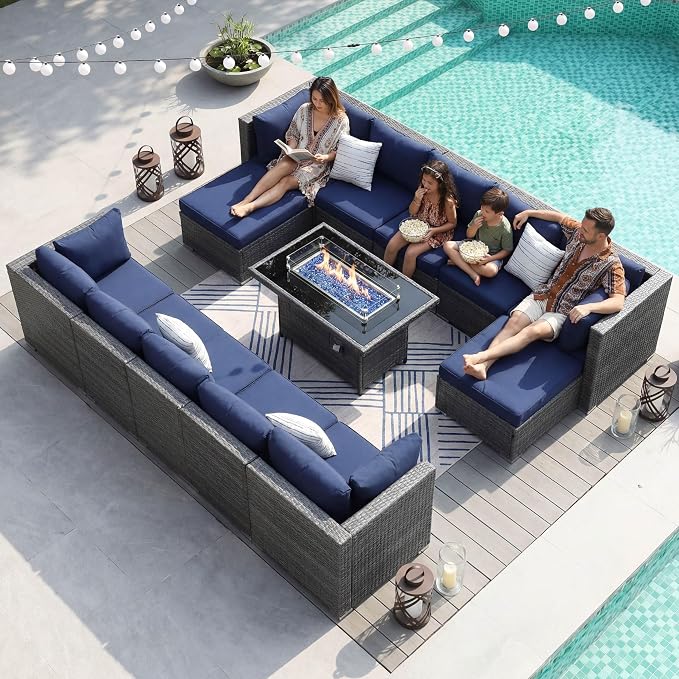 NICESOUL 13 Piece L-Shaped Outdoor Furniture Conversation with Fireplace Natural Gas/Propane, 29.3'' High Back Oversized Rattan Sofa Couch, Wide Deep Seated Patio Sectional, 2 Color Cushion Navy&Grey
