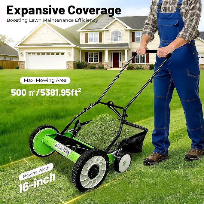 Manual Lawn Mower with Bag - 16'' 5-Blade Cordless Push Lawn Mowers, Adjustable Cutting/Handle Height Grass Cutter, Motorless Reel Mowers for Villa Courtyards, Park Greening, Gardens, Green