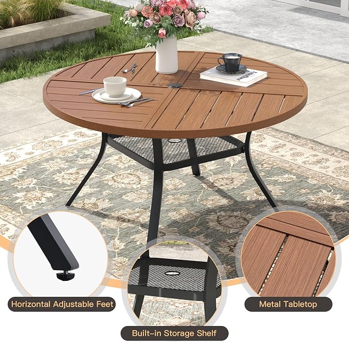 7 Pieces Outdoor Dining Set, 47.3" Spliced Patio Table with Umbrella Hole & Stackable Outdoor Dining Chairs, Patio Furniture Set for Deck Garden Porch, Brown Chairs & Walnut Table