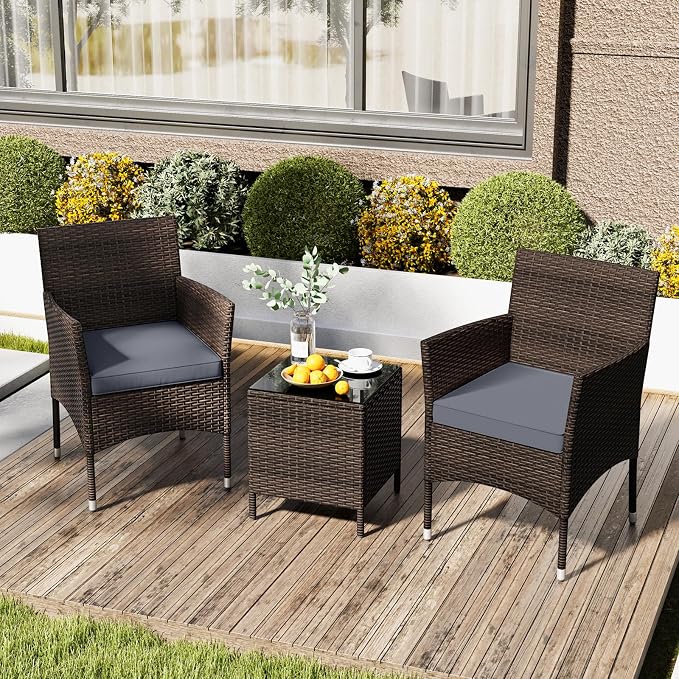 RELAX4LIFE 3-Piece Patio Furniture Set - Rattan Wicker Outdoor Conversation Set w/Cushions & Glass Coffee Table, Balcony Furniture for Porch Garden Backyard, Bistro Table and Chairs Set of 2 (Grey)