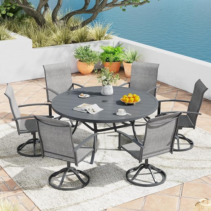 7 Pieces Outdoor Patio Dining Table Set, 53" All Weather Round Metal Table with Umbrella Hole and 6 High Back Textilene Swivel Chairs for Garden, Lawn, Poolside, Grey