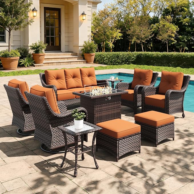 10 Pieces Outdoor Furniture Set with 6-inch Cushions, High Back Wicker Swivel Rocker Chairs with Fire Pit Table, Luxury Conversation Set for Deck Patio and Poolside