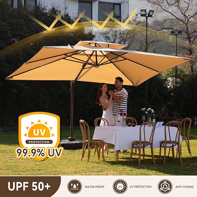 10 X 13 FT Cantilever Outdoor Patio Umbrella with LED Lights Large Heavy Duty 360° Rotation Double Top Offset Rectangular Umbrellas for Backyard Garden Pool Outside Deck, Beige