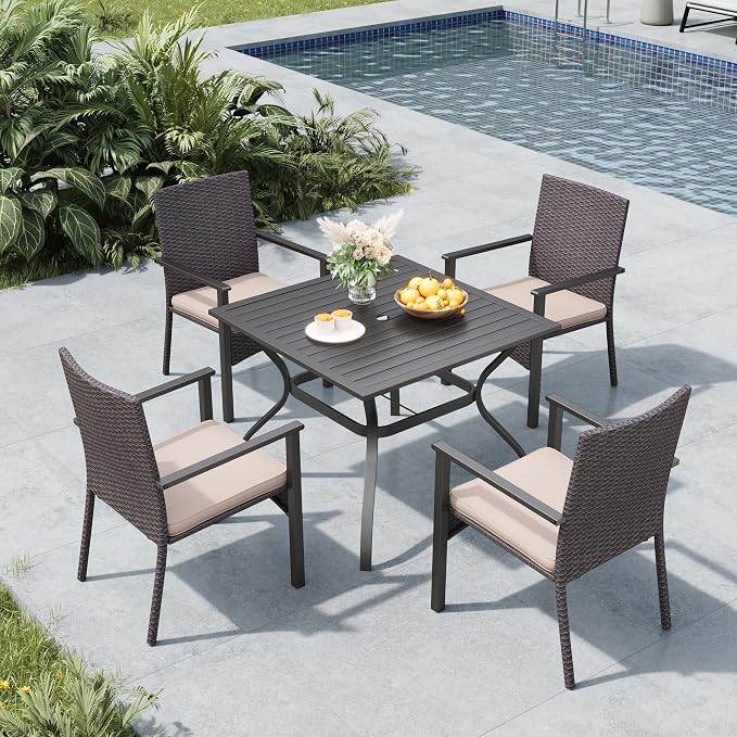 MFSTUDIO 5 Pieces Patio Dining Set, Patio Table and Chairs for 4, Outdoor Rattan Dining Furniture, Outdoor Square Dining Table with Wicker Chairs, Deck, Backyard