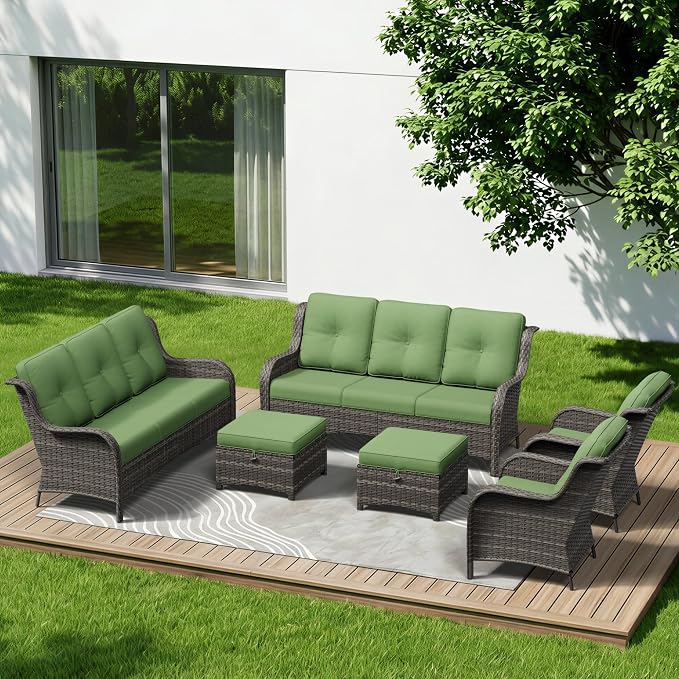6 Piece Outdoor Wicker Patio Furniture Set, Patio Chairs Set with Thickened Olefin Cushions, High Back and Deep Seating, Hand-Woven PE Rattan, Ottoman for Porch, Deck