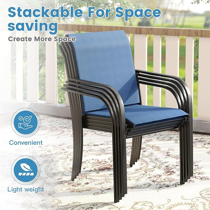DIFY Patio Dining Set for 10, 11 Piece Outdoor Table and Chairs Set, 59.8" Black Round Metal Patio Dining Table and 10 Blue Textilene Stackable Patio Chairs, for Backyard Garden Poolside