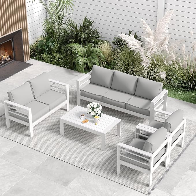 Aluminum Patio Furniture,Outdoor Metal Sectional Sofa with Table and Waterproof Covers,White Modern Patio Furniture Set for Garden Backyard (8-Piece)