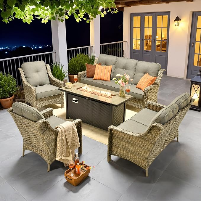 Outdoor Patio Furniture Sets, 5 PCS Patio Conversation Set Outside Rattan Sofa with 54 in Fire Pit Table Comfy Cushions Fit Backyard Porch Garden Poolside Balcony,Dark Grey