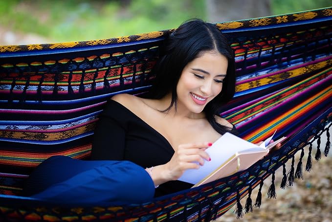 Boho Classic Hammock with Tassel, Handmade, Weather-Resistant, Hammock for Indoor & Outdoor, Lightweight Durable - for Patio, Porch, Backyard Lounging (Otavalo Rainbow)