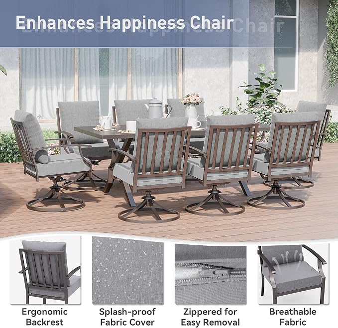 Kurapika 9 Pieces Patio Dining Set Outdoor Furniture with 8 Swivel Chairs, Metal Patio Furniture Set 8 Chairs and Large Table with Umbrella Cutout for Yard Porch Deck, Grey