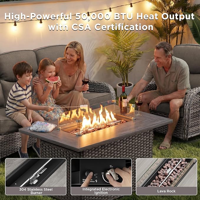 Luxury Patio Furniture Set with Fire Pit Table-4 Pieces High Back Wicker Swivel Rocker Chairs with 6" Extra Thick Cushions, Outdoor Patio Conversation Sets for Porch Deck Garden(Grey/Grey)