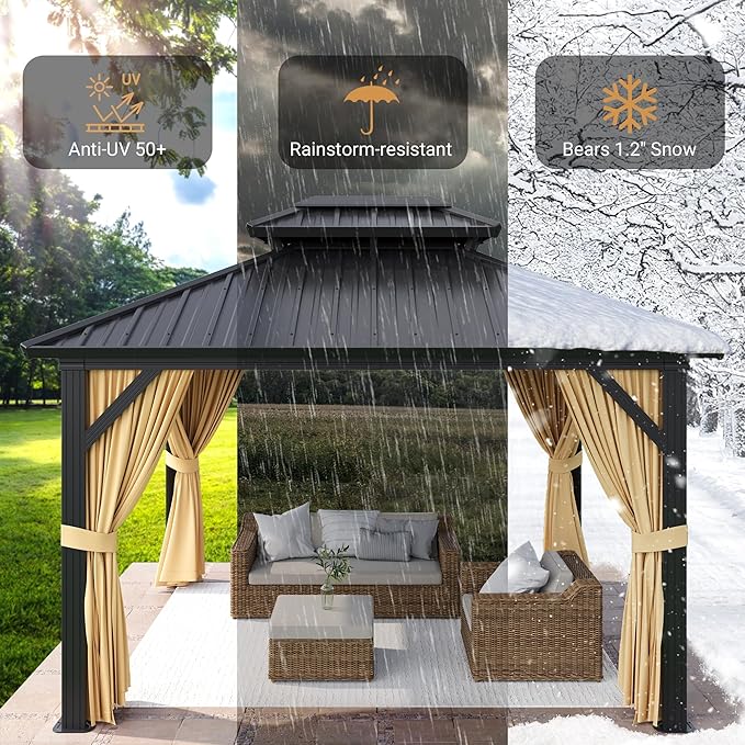 10x12 Gazebo Hardtop, Aluminum Frame Gazebos with Galvanized Steel Double Roof, Mosquito Net & Privacy Curtain,for Patio, Porch, Garden, Lawn, Deck, Backyard
