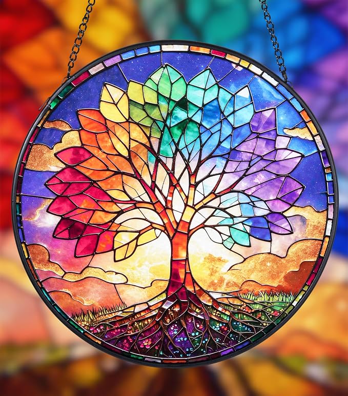 Stained Glass Window Hanging, Colorful Tree of Life Suncatcher 7.8 in Sun Catcher Boho Wall Art Decor with Chain Diamond Glass Panel Hangings Scenery Sun Catchers Decor for Lover Couple Mom