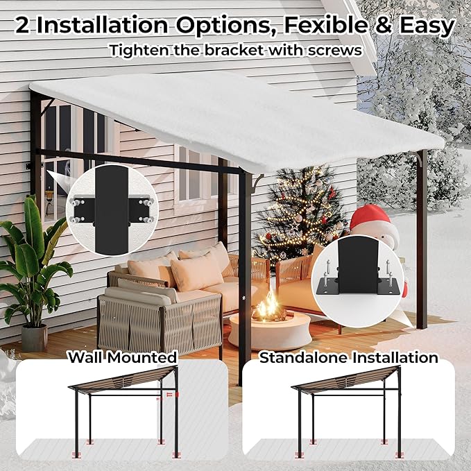 GarveeHome 10' x 10' Lean to Gazebo, Hard Top Outdoor Pergola with Roof, Gazebos Pergola on Clearance, Large Wall Mounted Heavy Duty Awnings for Patio, Backyard, Deck, Porch