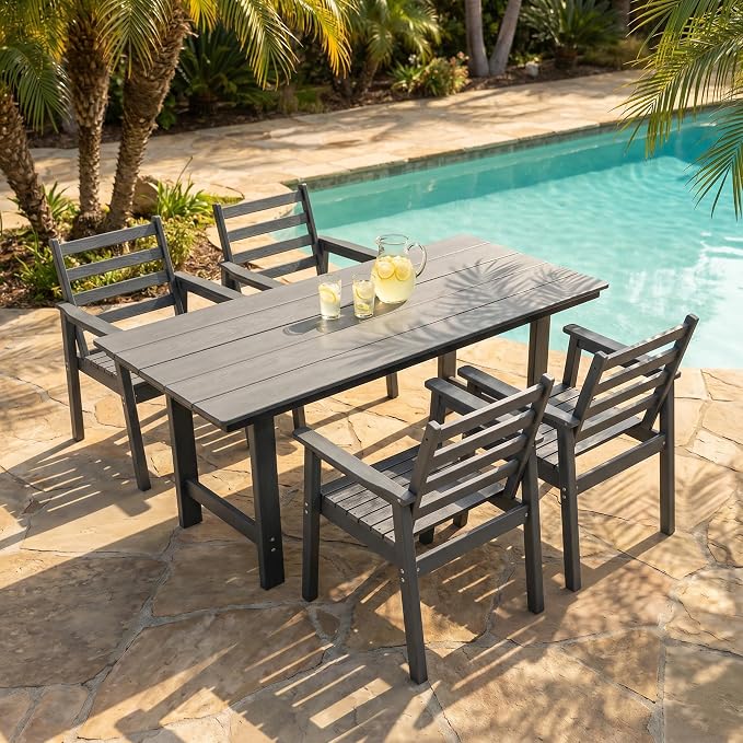 5 Piece HDPE Outdoor Dining Set for 4, Patio Dining Furniture Set with 2” Umbrella Hole, Weather Resistant Outdoor Table and Chairs for Garden, Poolside, Backyard, Deck
