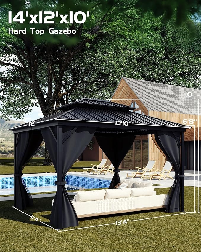 12x14 Hardtop Gazebo with Double Galvanized Steel Roof, Breathable Netting and Privacy Curtains – Durable Outdoor Pavilion for Backyard