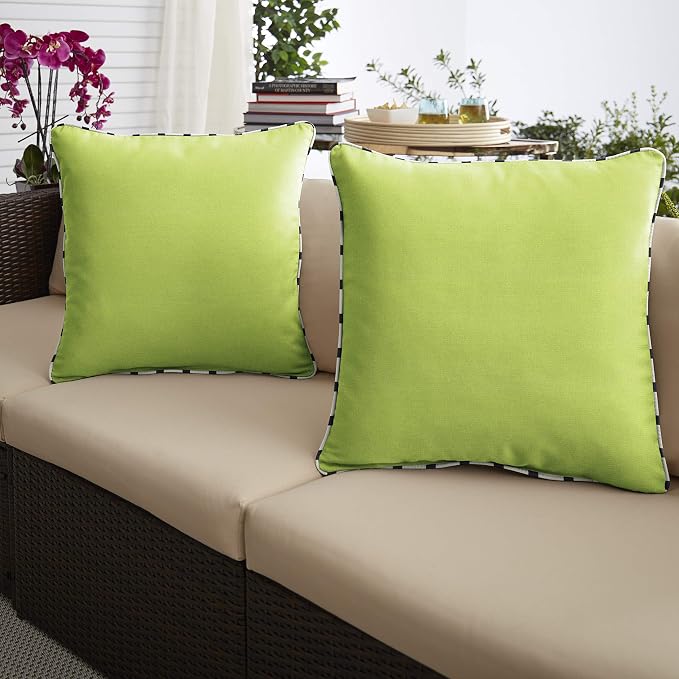 Sorra Home x Sunbrella - Square Pillows (Set of 2), Canvas Macaw Green & Lido Indigo Stripes