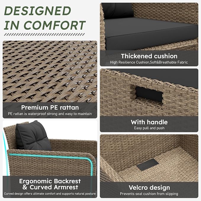LHBcraft 5 Pieces Patio Set, PE Rattan Patio Conversation Set with Soft Cushions & Coffee Table, Outdoor Chairs with Hidden Ottoman for Porch, Lawn, Garden, Balcony, Black