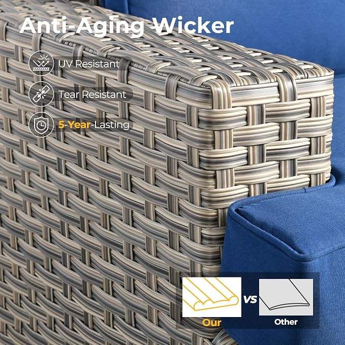 HOOOWOOO Outdoor Sectional Patio Furniture Set with Fire Pit Table,9 Pieces Wicker Conversation Sets,Extra Deep Out Door Sofa Outside Furniture Couch Swivel Chairs Ottoman,Navy Blue