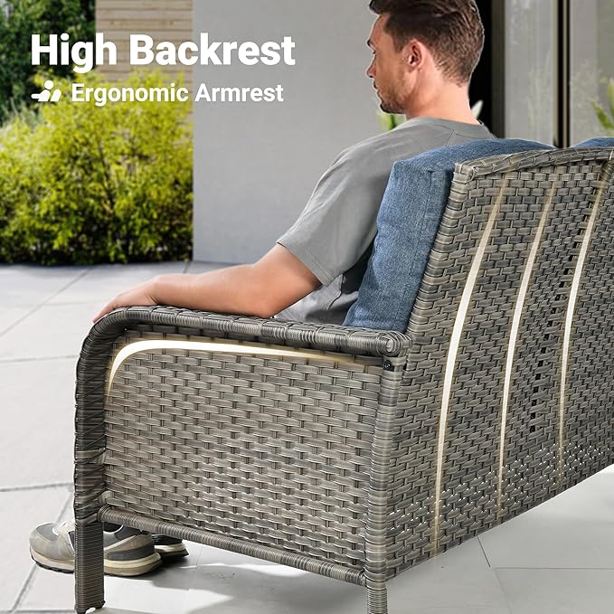 ovios 5-Piece Patio Furniture Set, Outdoor Wicker Sofa with Swivel Chairs Coffee Table, High Back Rattan Couch Loveseat with Comfy Cushions for Porch Yard Deck, Denim Blue