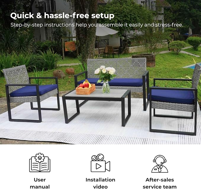 4 Piece Patio Furniture Set, Wicker Rattan Outdoor Furniture with Cushion, Patio Conversation Sets with Chairs Loveseat and Coffee Table for Outdoor, Porch, Yard, Poolside, Balcony, Lawn (Light Gray)