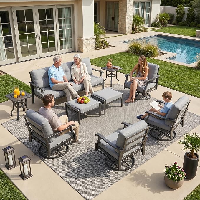 9 Piece Patio Conversation Set, Outdoor Metal Furniture Set w/Rocking Swivel Chairs, 3-Seat Sofa, Ottomans and Coffee Side Table, 5" Thickened Cushions for Backyard, Poolside, Gray