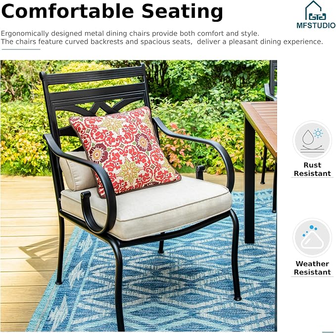 MFSTUDIO Patio Dining Set, 42" Square Wood-Look Table, Fixed Chairs | Umbrella Hole, Seats 4, All-Weather Use