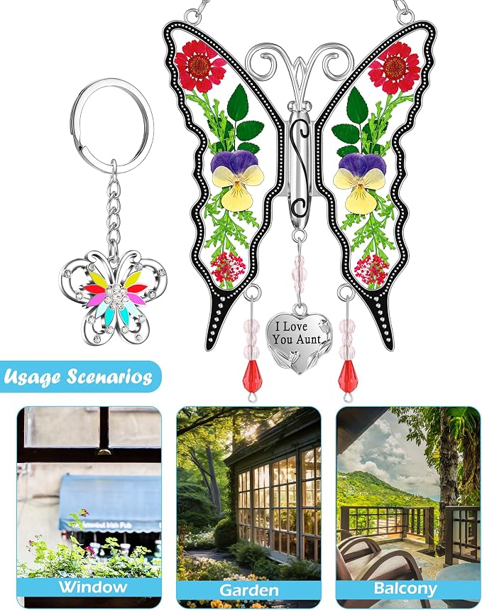 KY&BOSAM Gifts for Aunt Butterfly Suncatcher Stained Glass Windows Hanging | Keychain for Wind Chime,I Love You Aunt Charm,Pressed Real Flowers,Glass,Gifts for Aunt Birthday Mothers Day Christmas