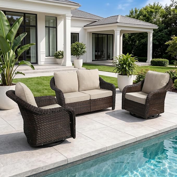 3 Piece Patio Wicker Conversation Set, All-Weather Use Outdoor Wicker Loveseat with 2 PE Rattan 360 Swivel Chair, Ideal for Porch, Backyard, Balcony, Poolside, Beige