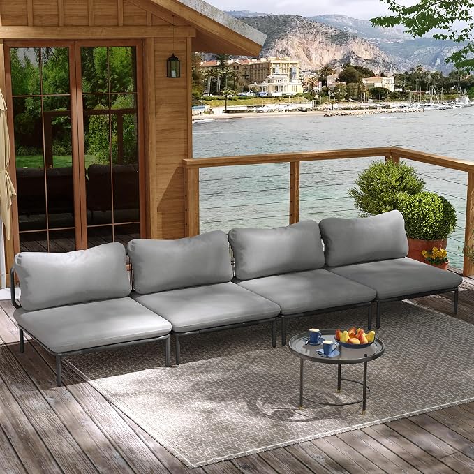 Patio Furniture Set, Outdoor Patio Furniture Oversized Metal Single Sofa, 4-seat Conversation Set with Cushion for Indoor and Outdoor, Black Frame and Dark Grey Mat (4 Seats 4 Armrests)