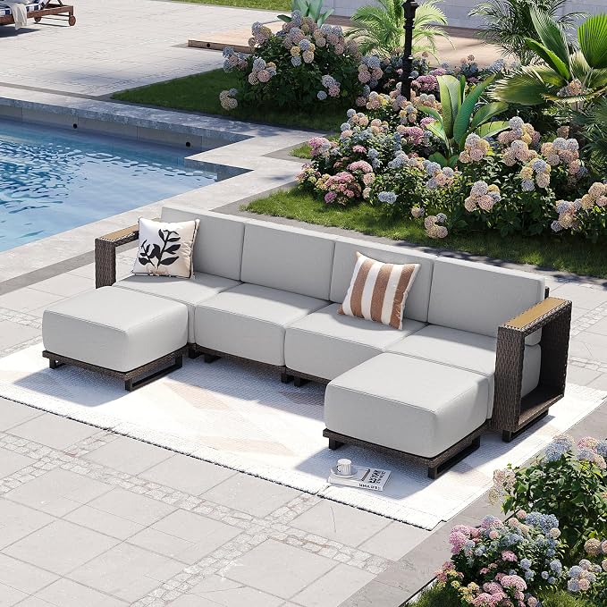 Aoxun Patio Furniture Set, 6 Piece Outdoor Wicker Sectional Sofa Set, All-Weather Rattan with 10'' Ultra-Thick Cushions, Outdoor Conversation Set for Backyard, Poolside and Garden, Brown/Light Gray