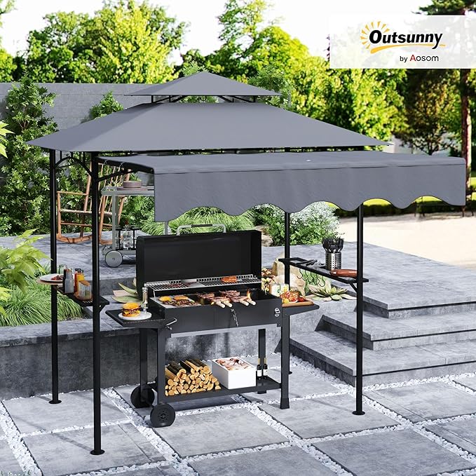 Outsunny 8' x 7.6' Grill Gazebo, Double Tiered Outdoor BBQ Gazebo with Side Awning, 2 Side Shelves and 6 Hooks for Patio, Deck, Yard, Dark Gray