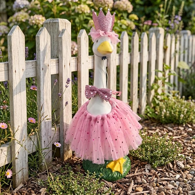 Porch Goose Statue Garden Décor - 20″ Large Porch Goose Statues with Crown Pink Skirt, Resin Animal Figurine Indoor or Outdoor Decor for Patio,Entryway Accent,Housewarming Birthday Gifts for Mom Women
