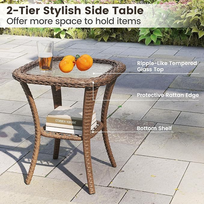 HAPPYGRILL 3 Pieces Outdoor Rattan Swivel Rocker Chairs Set with Tempered Glass Side Table, Outside Sectional Patio Conversation Furniture Set with Swivel Rocking Chairs for Deck Porch Garden (Navy)