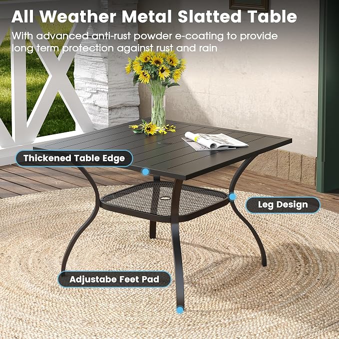 DIFY 5 Pieces Outdoor Dining Table Chair Set, Patio Dining Set with 1 Black Square Curved Legs Table with and Umbrella Hole & 4 Blue Stackable with Armrests Chairs for Lawn, Garden, Porch