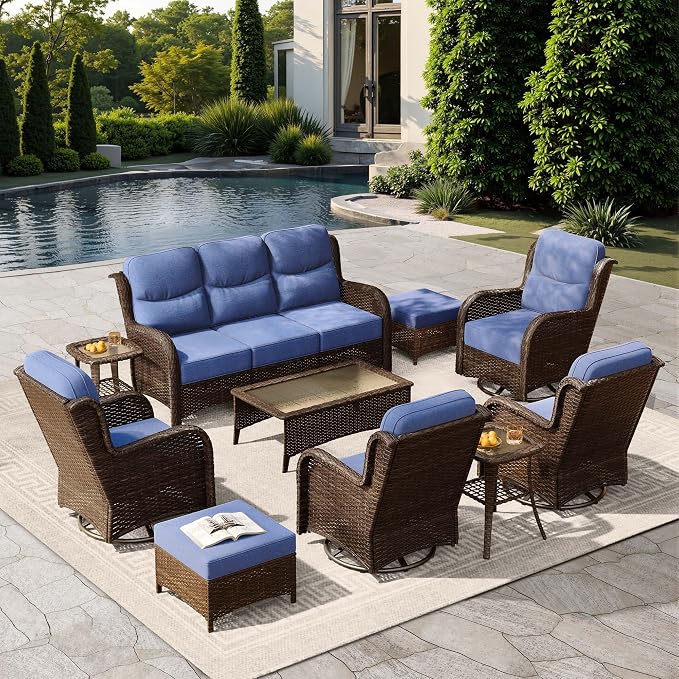 HILLGA Luxury Outdoor Patio Furniture Set with 6-Inch Thick Cushions, High Back Wicker Swivel Rocker Chairs, 10 Pcs All Weather Furniture Set for Large Deck, Yard and Poolside, Blue (V3)