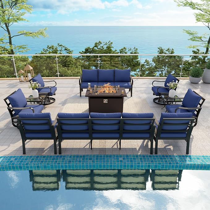 11-Piece Outdoor Furniture Set, Metal Swivel Rocking Chairs with All-Weather Cushions, Patio Conversation Set with Fire Pit Table for Deck, Porch, Garden, Backyard, Poolside (Blue Cushions)