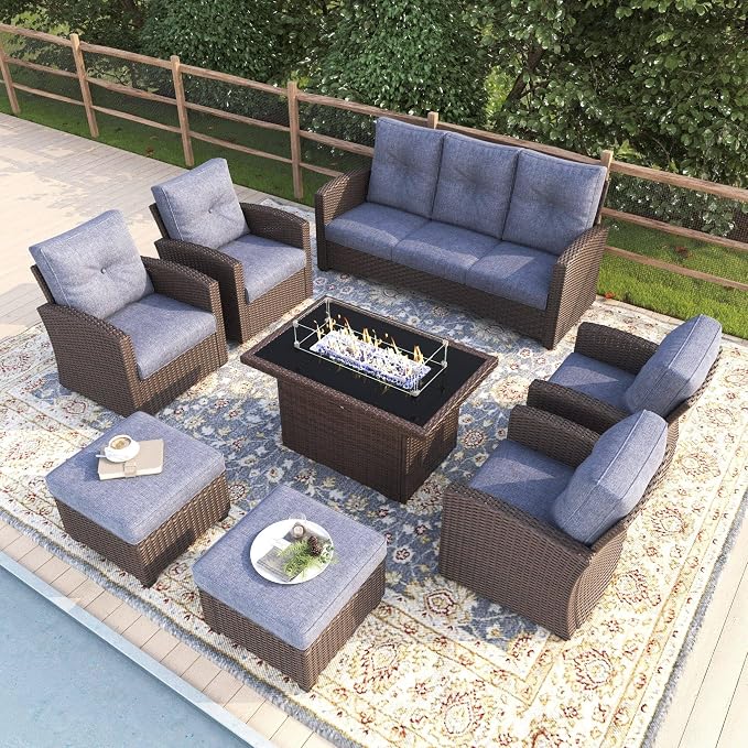 8 Pieces Patio Furniture Swivel Chairs Set with Fire Pit Table, Outdoor Wicker Glider Rocking Chairs with Sofa Set