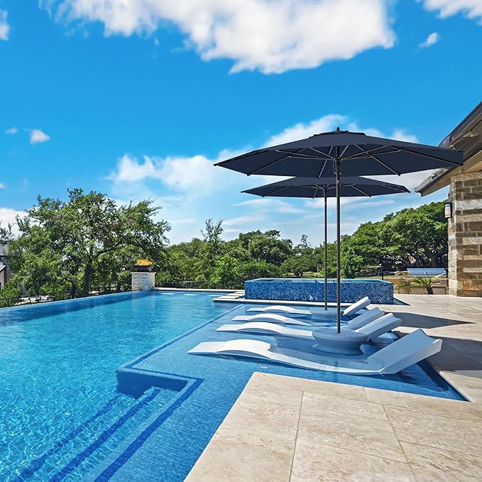 Midtown Umbrellas The Wooden 10 Feet Patio Umbrella With Sunbrella Canvas Navy Acrylic Fabric - Aluminum Frame Market Umbrella For Backyard, Deck, Garden, Pool - Wooden Pole
