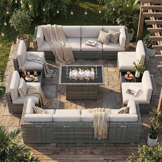 15 Pieces Patio Furniture Set with 44" Propane Gas Fire Pit Table, Outdoor Sectional Wicker Conversation Sofa Sets with Coffee Table