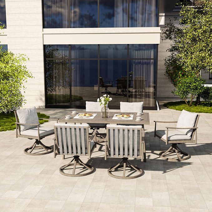 HAPPATIO 7-Piece Outdoor Dining Set for 6, Aluminum Patio Dining Set Includes 6 Swivel Dining Chairs and 1 Large Rectangular Table with Umbrella Hole, Patio Furniture Set for Lawn, Porch, Grey