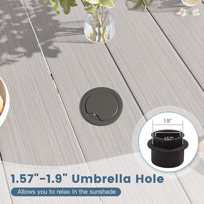 DIFY 5 Pieces Outdoor Dining Set for 4, 40.6" Grey Wood-Like Round Metal Table with Umbrella Hole and Sandshell Textilene Swivel Patio Chairs, Patio Table and Chairs Set for Garden, Backyard, Poolside