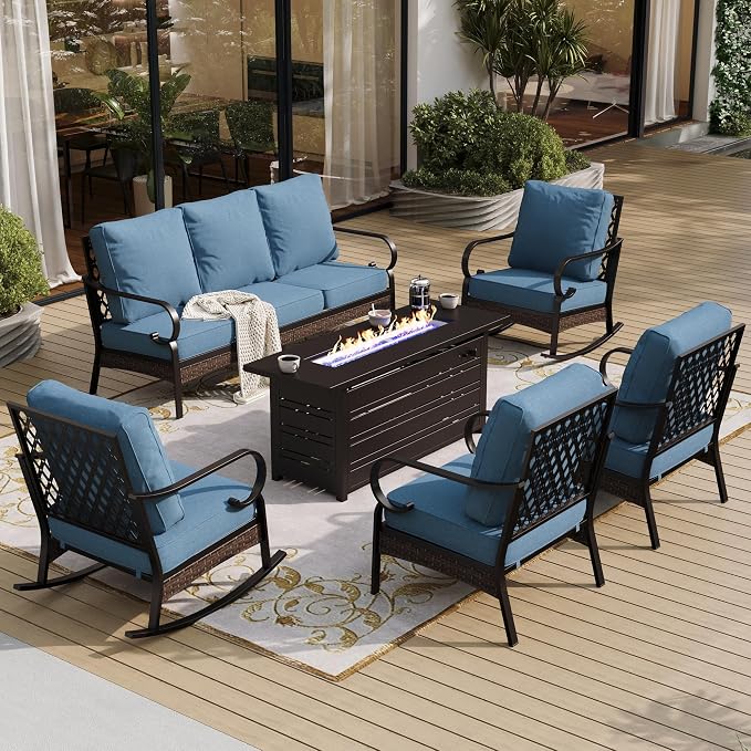 SUNSHINE VALLEY 6 Piece Metal Outdoor Patio Furniture Sets with Firepit Table, Patio Conversation Sets 1 3-Seater Sofa, 2 Leg Sofa and 2 Rocking Chair with 5.75" Cushion for Backyard Deck, Denim Blue